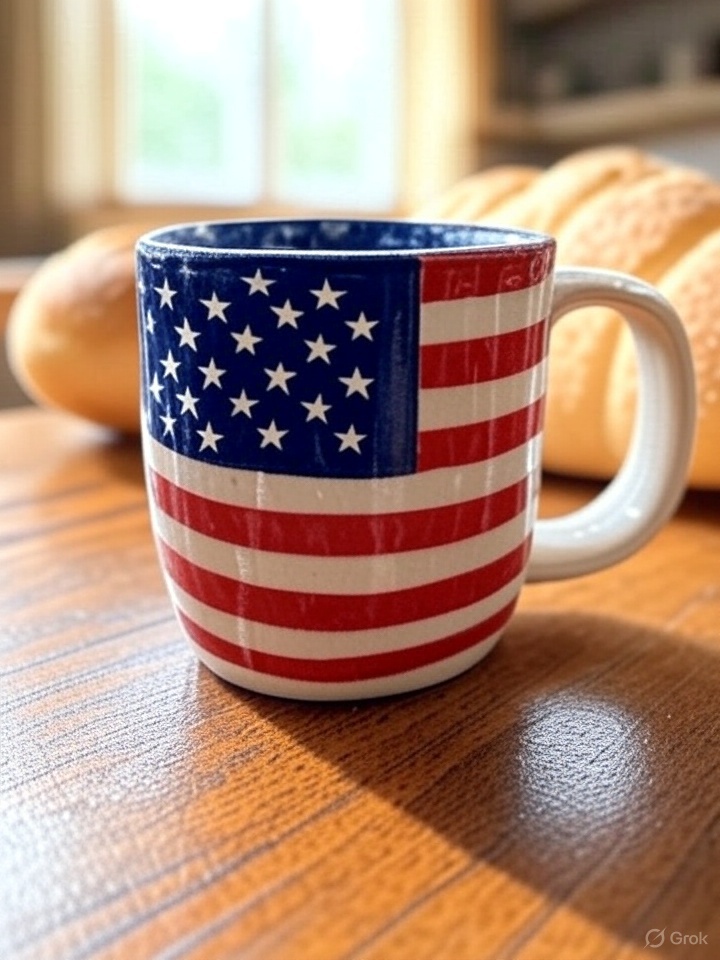Sur une table bercé par la lumière matinale, on aperçoit au prmier plan un mug aux motif de drapeau des Etats-Unis. En arrière-plan un croissant français.