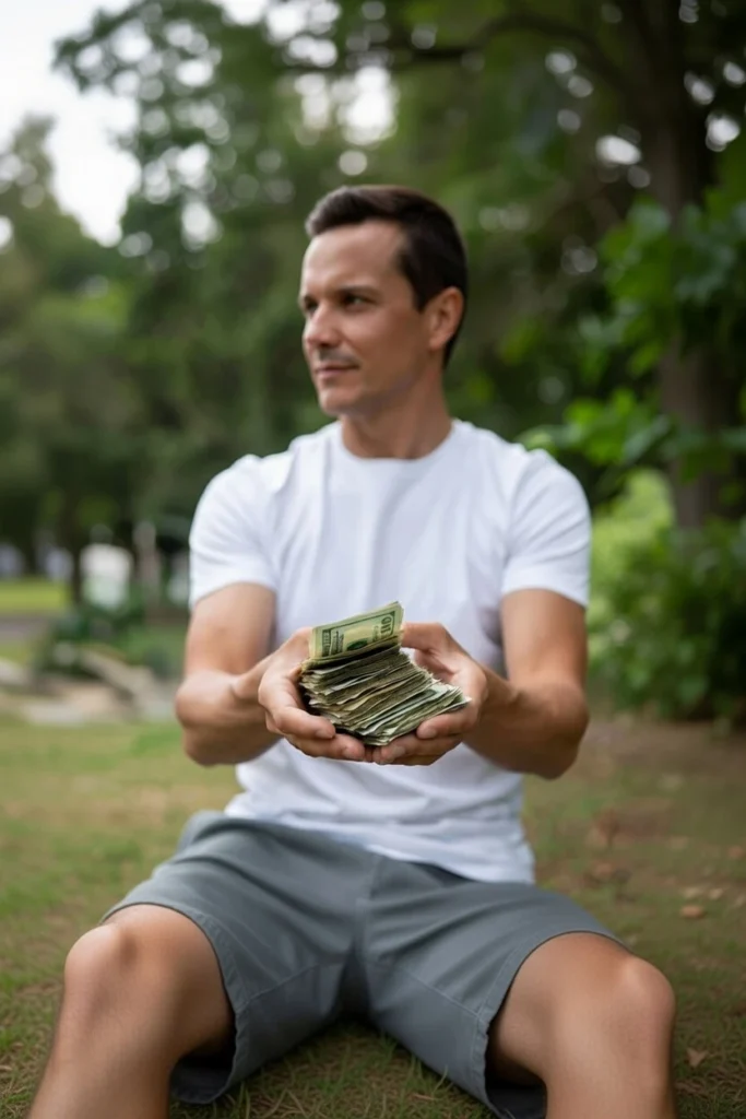 Homme assis avec des billets dans les mains prêt à investir