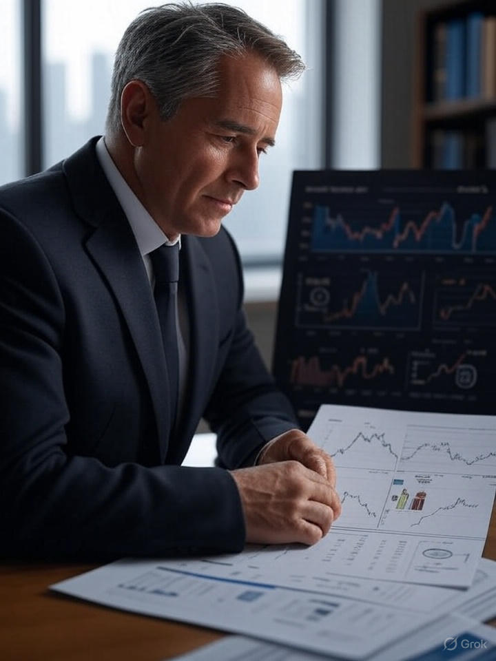 Investissement obligation homme qui étudie des documents sur un bureau.