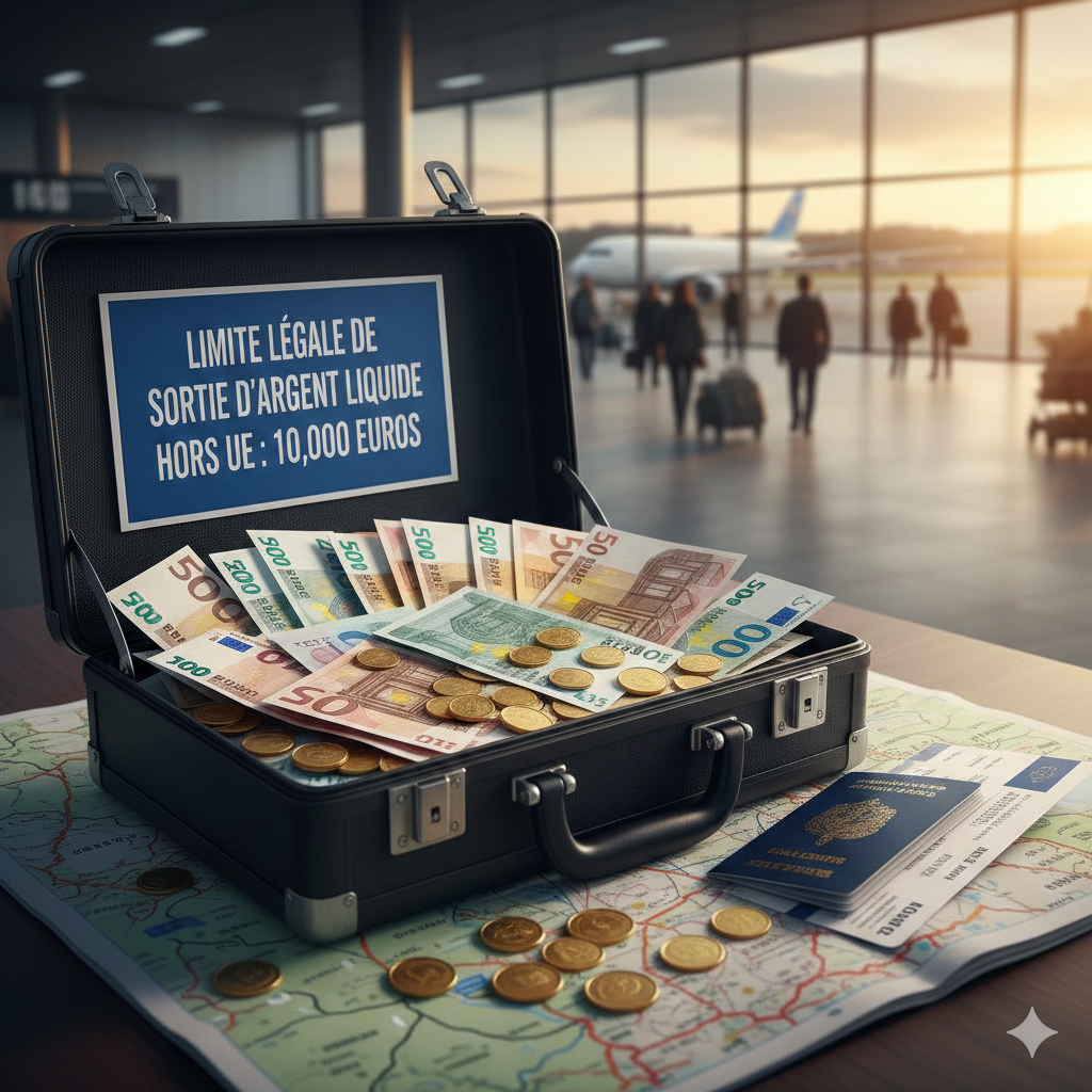 Image d'une valise ouverte remplie de billets et de monnaies avec un passeport à proximité.
