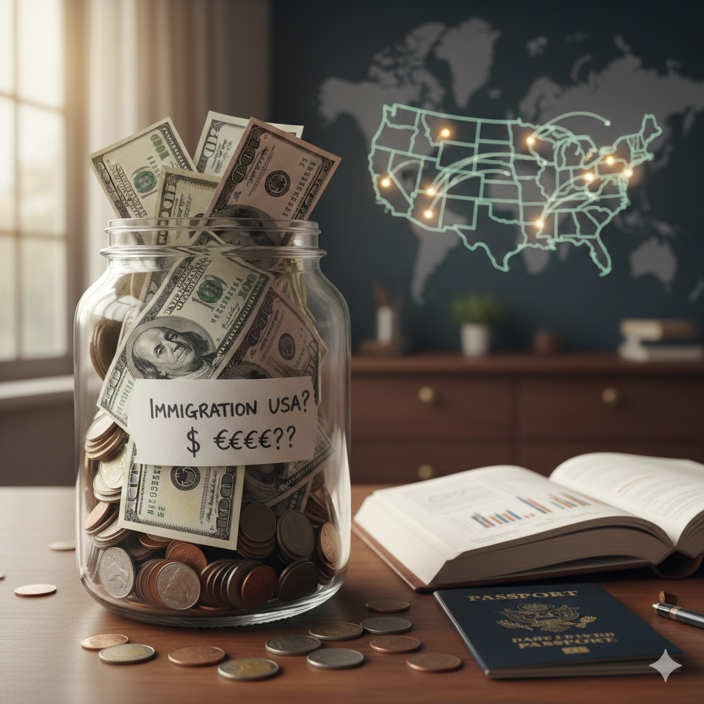 Image d'une jarre transparente remplie de billets et monnaies de dollar américain à proximité d'un passeport. Sur le fond de l'image on peut apercevoir la carte des Etats-Unis.