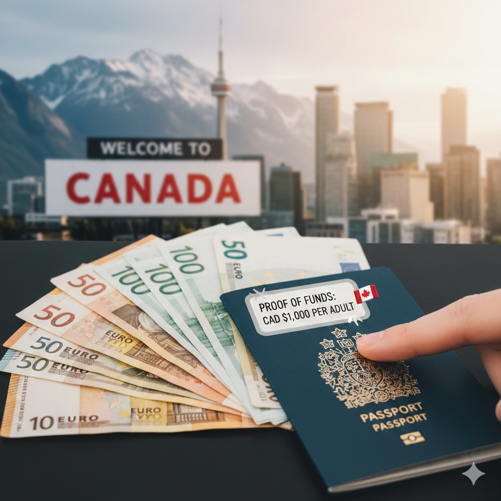 En arrière-plan, un panneau affichant "WELCOME TO CANADA" s'illustre au milieu d'une ville moderne avec les gratte-ciels et une chaîne de montagne ensoleillé. En premier-plan, le passeport et des billets de banque en euro.